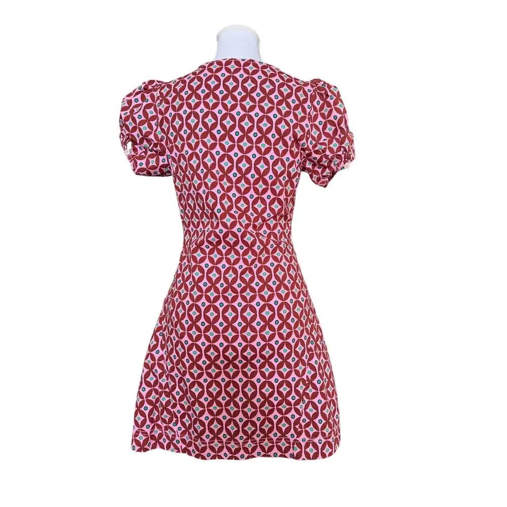 Free People Oakley Mini Geometric Print Mini Dress Pink Puff Sleeve Ruched - Picture 6 of 10